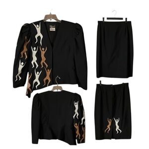 VTG. 80’s Sonni MackeliskI Zimbabwe  Asymmetrical Leather figures Jacket Set. M